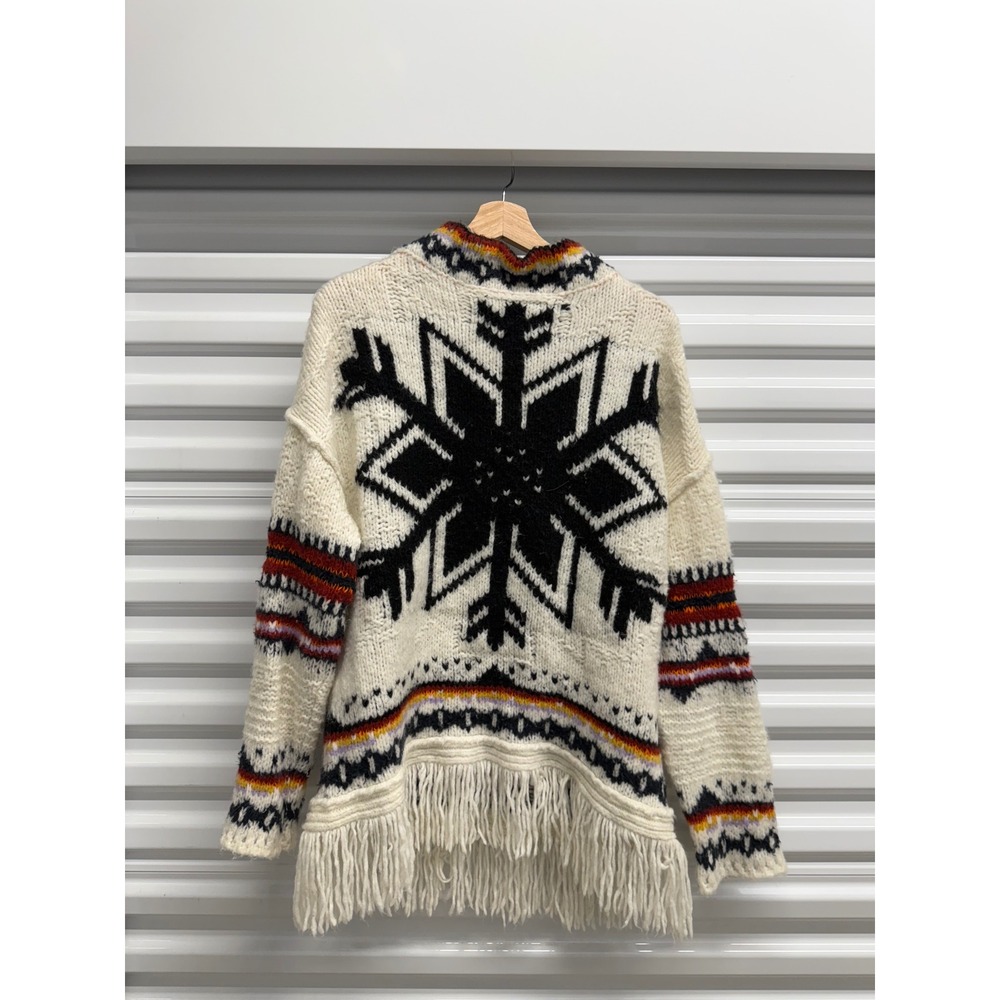 Free People Snowflake Fringe Chunky Knit Cardigan Sweater Cream XS